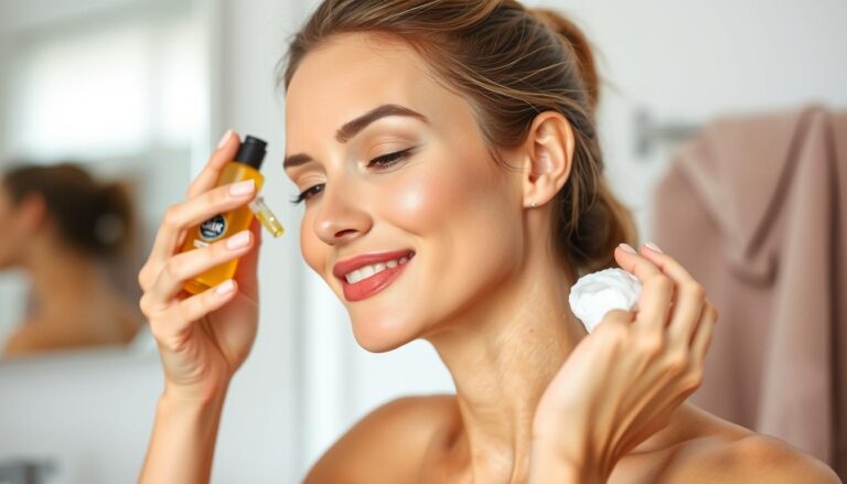 Woman performing double cleansing routine with oil cleanser and foam cleanser