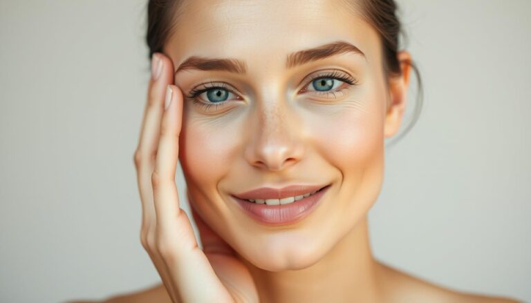 Woman with glowing skin touching her face, demonstrating how to get rid of dull skin naturally