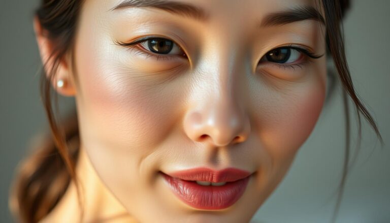 Woman with perfect glass skin showing translucent, dewy complexion