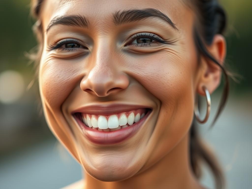 Woman with radiant skin smiling, showcasing natural glow achieved through holistic skincare